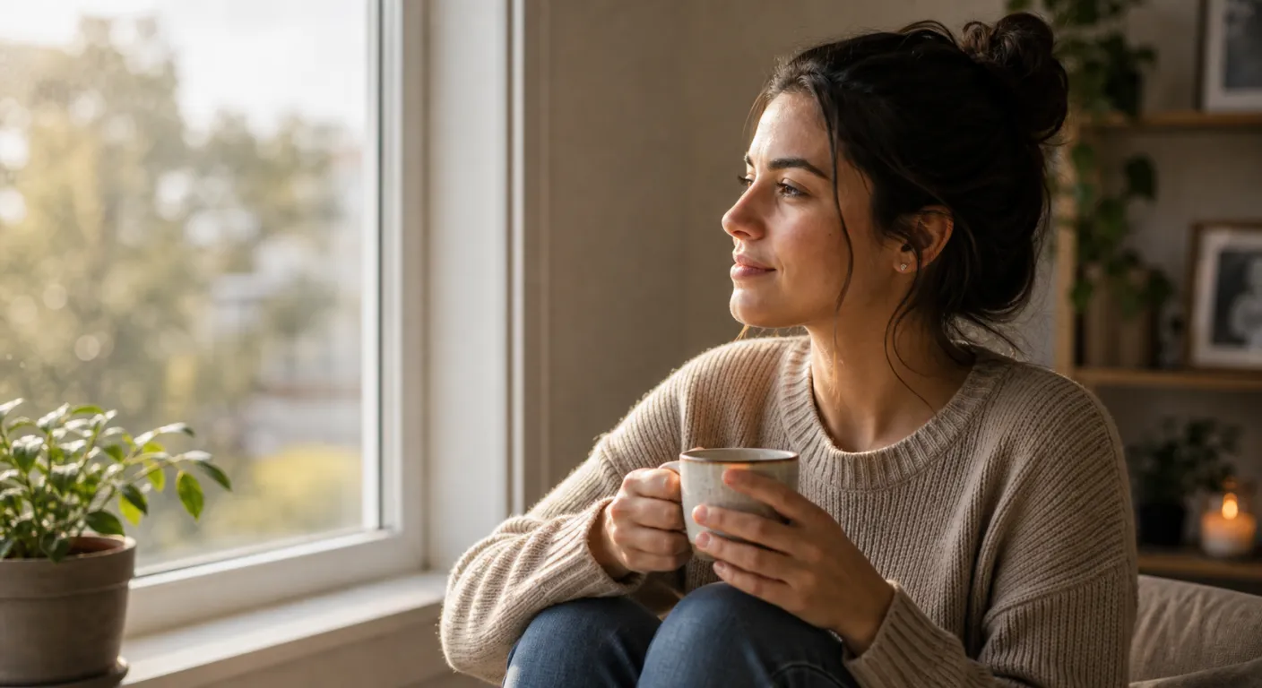 Persoană luând o pauză reală lângă o fereastră, relaxată, cu o cană de ceai, lumină naturală caldă