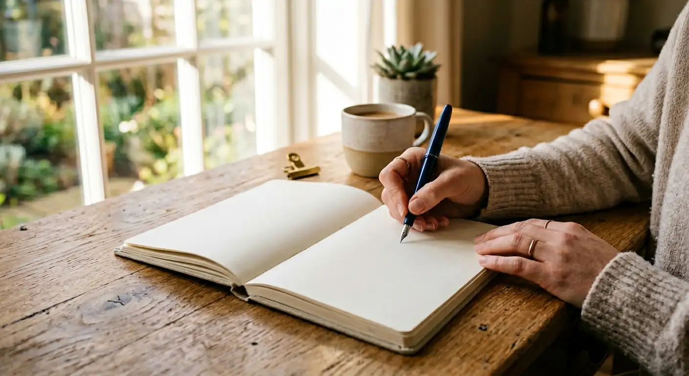 Persoană scriind într-un jurnal la o masă luminoasă, atmosferă calmă și autentică