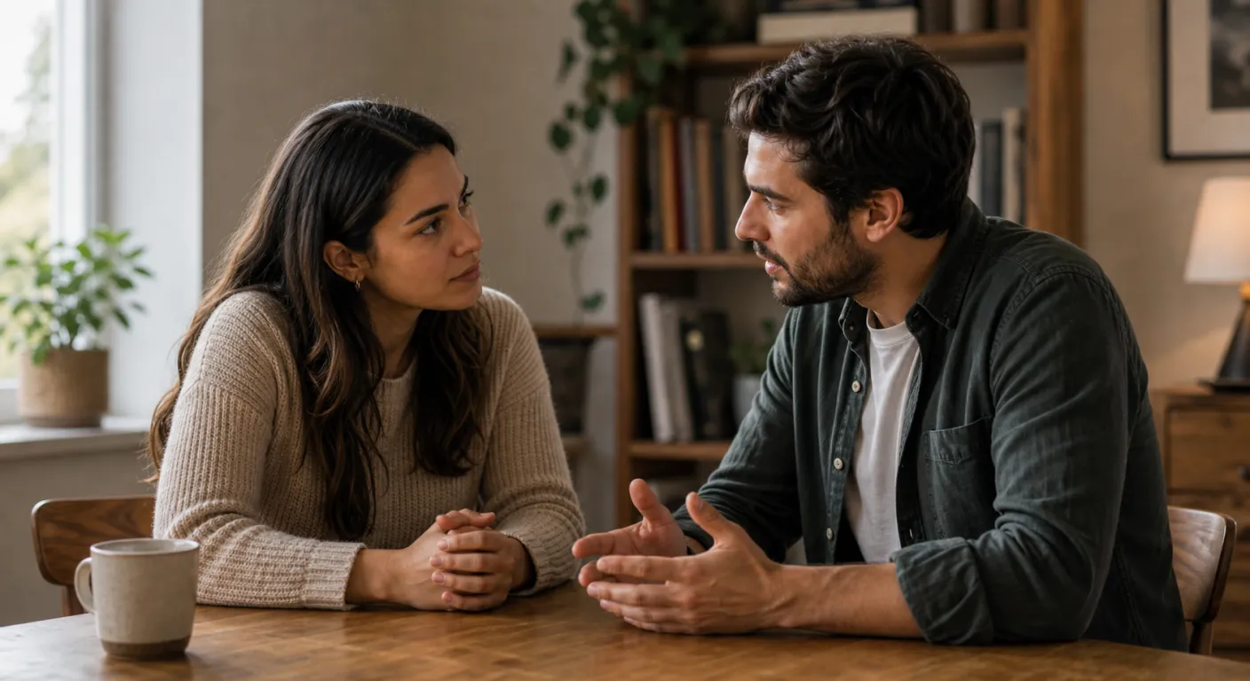Două persoane purtând o conversație serioasă dar calmă, față în față, atenție reciprocă, lumină naturală