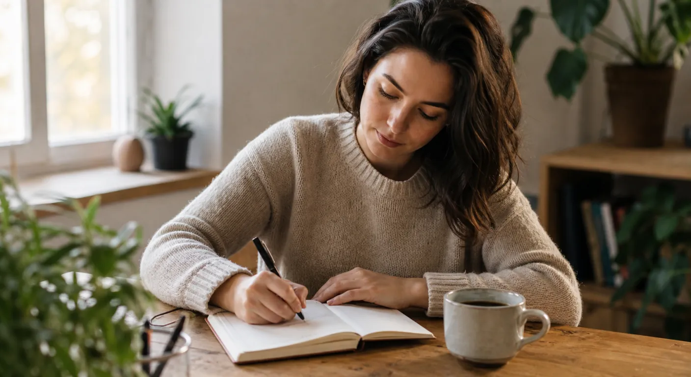 Persoană scriind într-un caiet la o masă de lemn, cu o cană de cafea alături, lumină naturală de dimineață