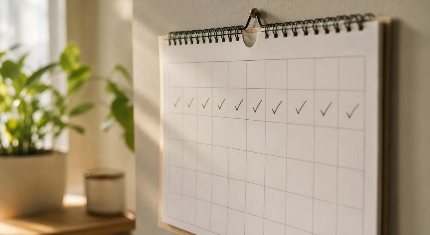 Calendar de perete cu zile bifate, simbolizând urmărirea consecvenței unui obicei