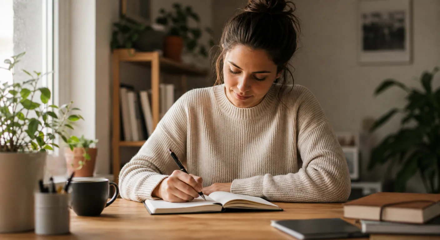 Persoană scriind concentrat într-un jurnal la un birou luminat natural, atmosferă de reflecție calmă