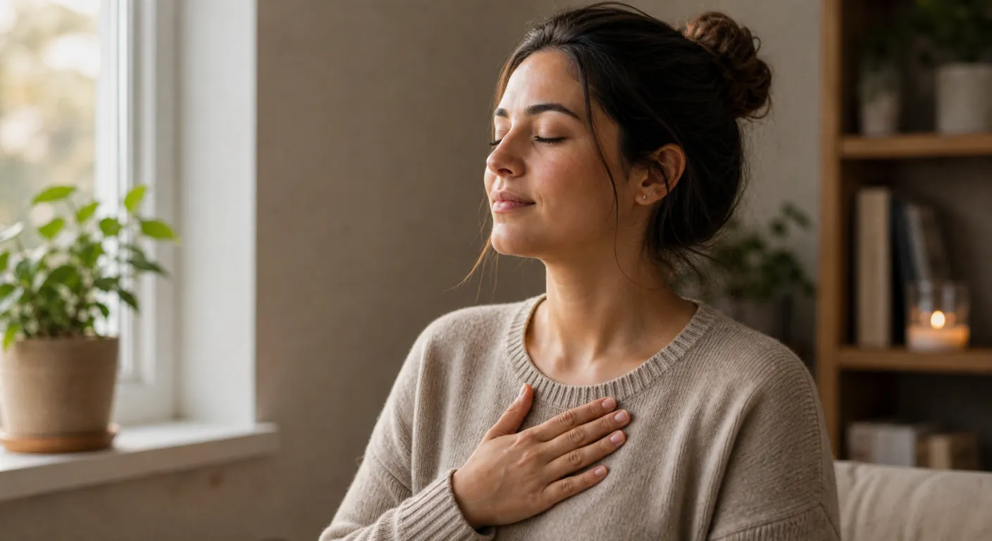 Persoană într-un moment de calm și conștientizare emoțională, respirând liniștit, lumină naturală caldă
