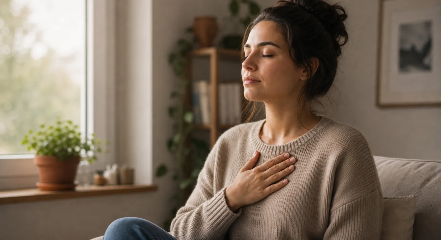 Persoană exersând respirația calmă cu o mână pe piept, gest de reglare emoțională, lumină naturală