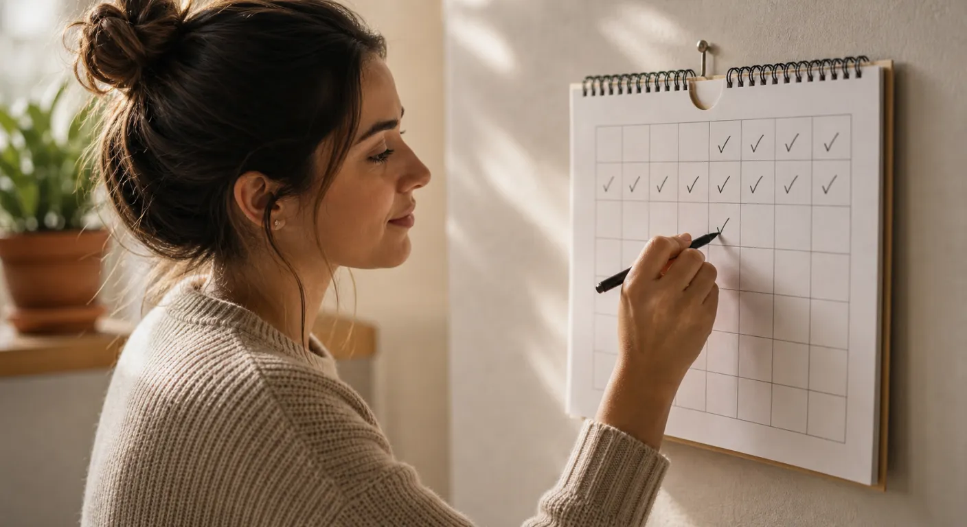 Persoană bifând un mic progres zilnic într-un calendar, gest de consecvență, lumină naturală caldă