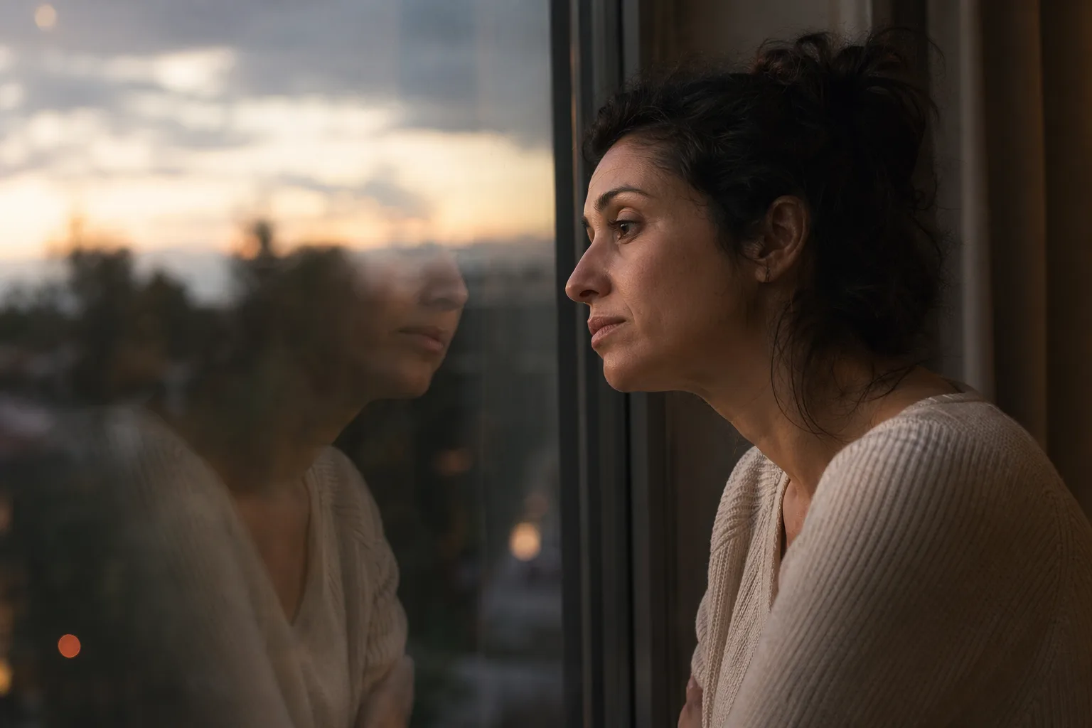 Persoană adultă privind reflexia sa într-un geam, expresie contemplativă și complexă, simbolizând complexitatea identității
