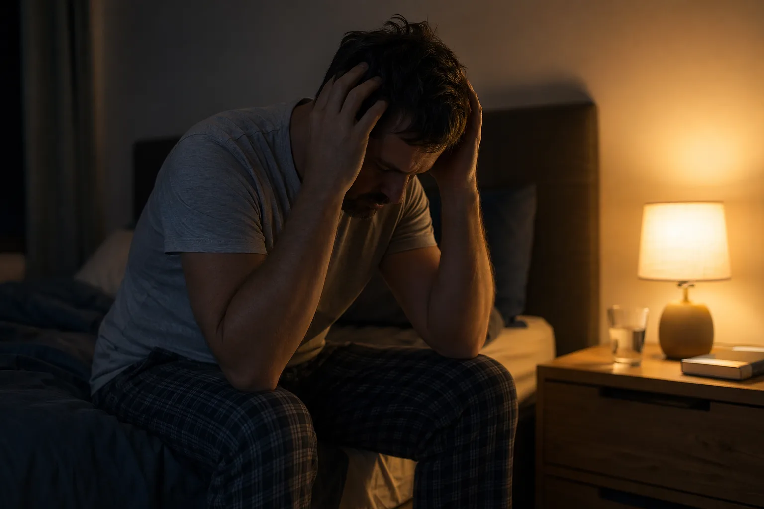 Persoană adultă stând pe un pat noaptea, lumină filtrată, cu mâinile în părul său, moment de disregulare interioară
