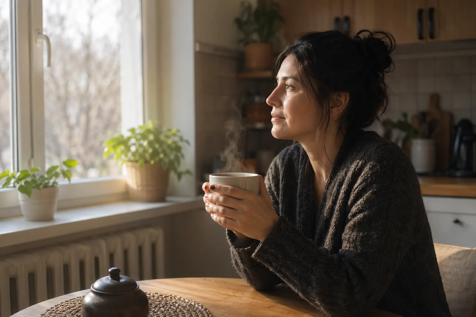 Persoană adultă stând la masa din bucătărie cu un ceai în mâini, privind calm pe fereastră, moment de liniște interioară dobândită