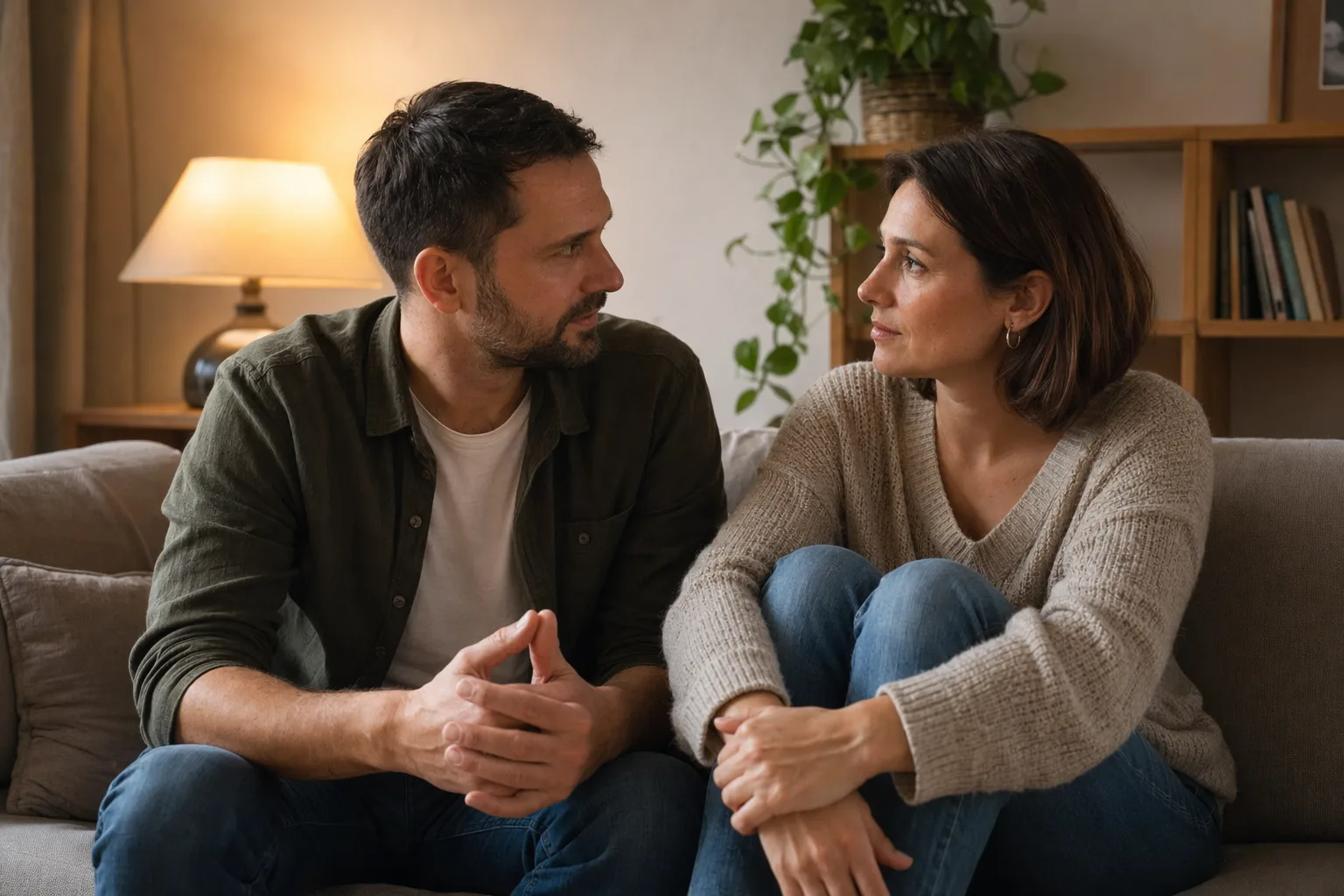 Cuplu stând pe o canapea, privind cu atenție unul la celălalt, cu atenție și deschidere, într-o conversație despre emoții