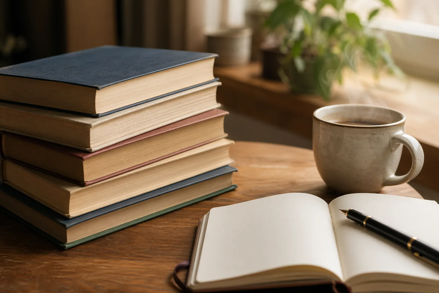 Teanc de cărți de psihologie pe o masă de lemn cu cafea și notebook deschis, lumină naturală blândă