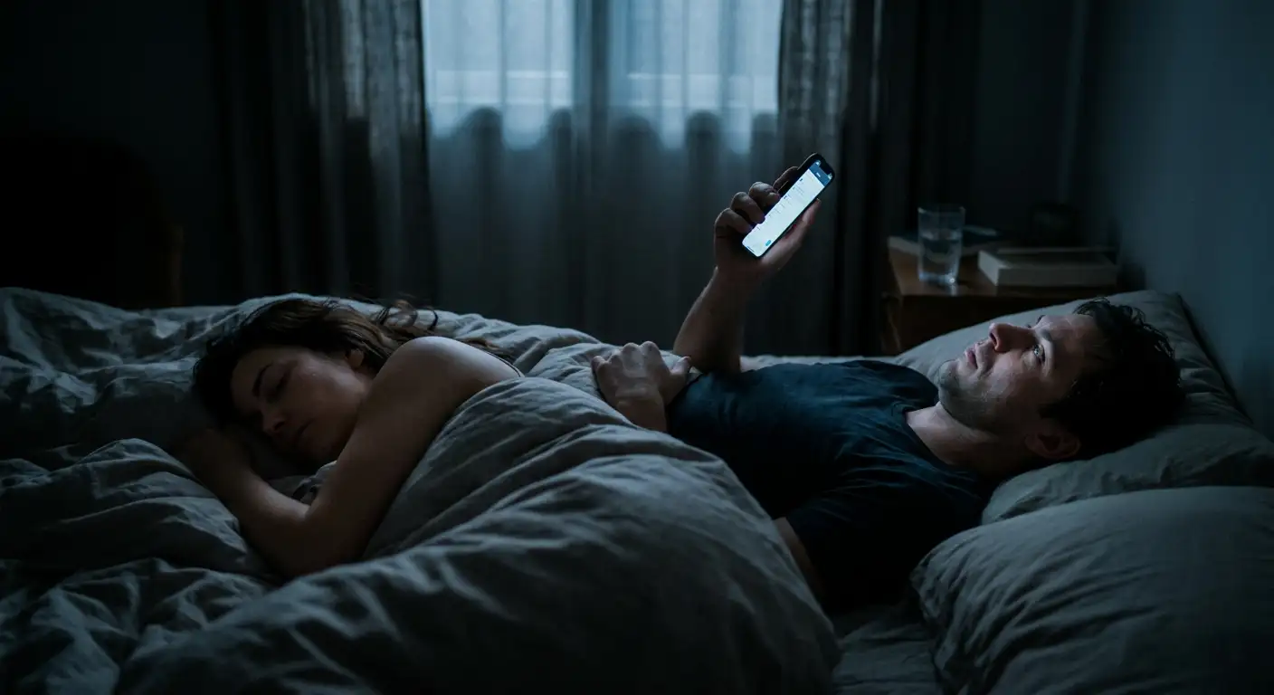 Cuplu în pat, unul dorme calm iar celălalt privește tavanul cu telefonul în mână, ilustrând insomnia anxioasă