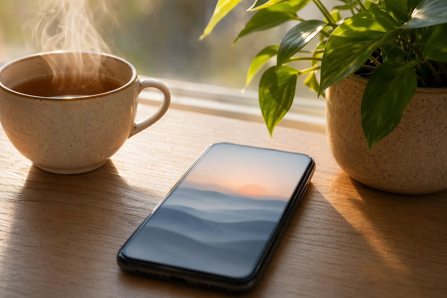 Telefon pe masă cu aplicație de mindfulness deschisă, alături o ceașcă de ceai și plantă verde, atmosferă de dimineață liniștită