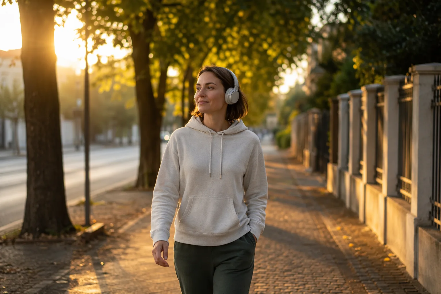 Persoană mergând pe stradă dimineața, cu căști puse, ascultând meditație sau podcast, atmosferă de început de zi conștient