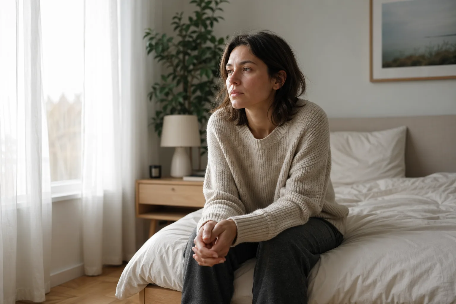 Persoană adultă stând singură pe marginea unui pat într-o cameră luminoasă, privire contemplativă și vulnerabilă