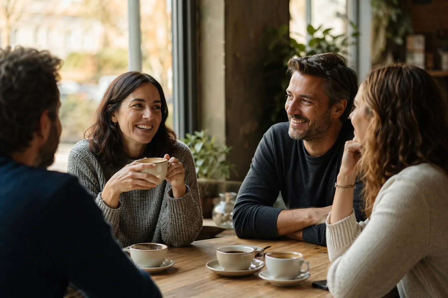 Grup mic de prieteni adulți la masă într-o cafenea, conversație relaxată și autentică, lumină blândă de după-amiază