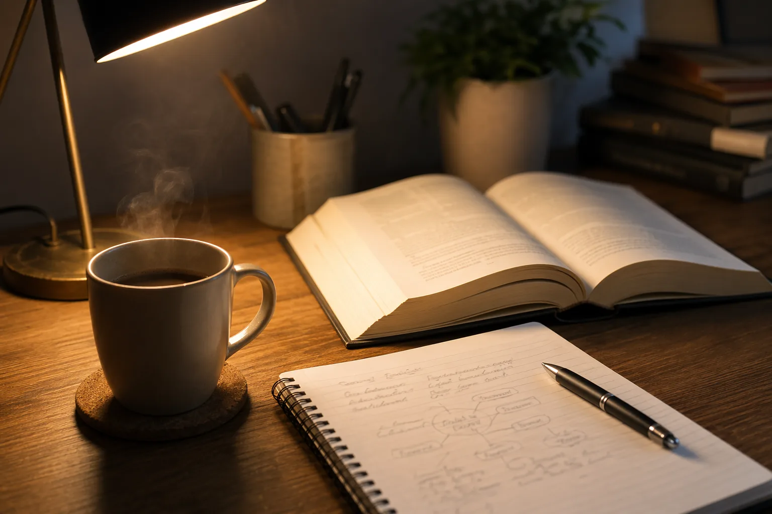 Carte deschisă de psihologie pe un birou cu cafea și notebook, lumina caldă a lămpii într-un moment de lectură și aplicare