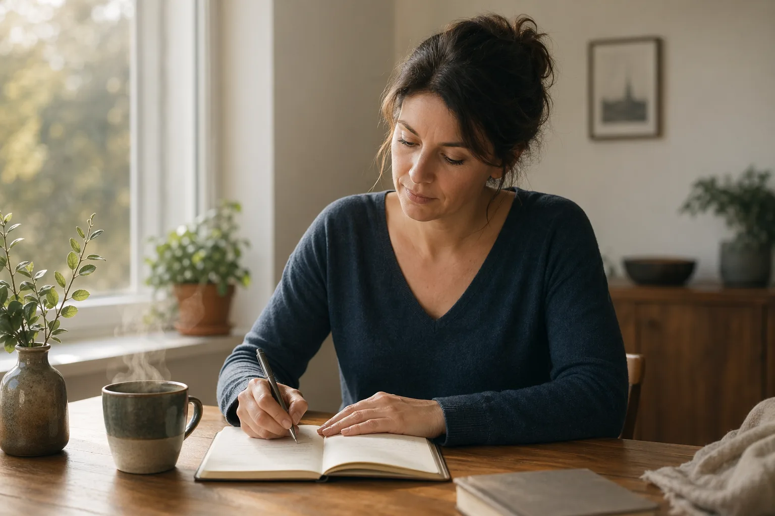Femeie adultă scriind într-un jurnal la o masă lângă fereastră cu ceașcă de ceai, moment de claritate interioară