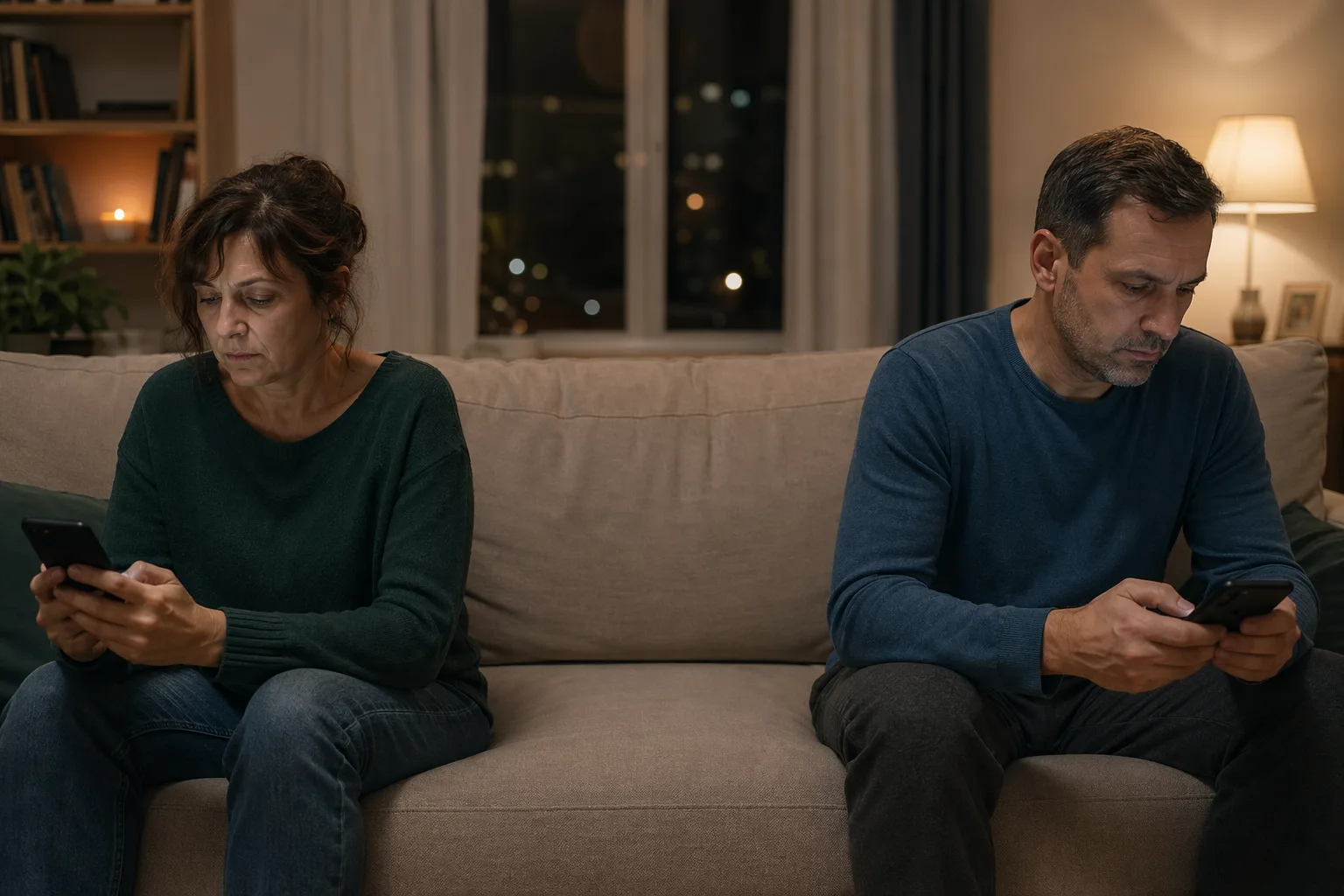 Cuplu matur pe o canapea, fiecare la un capăt cu telefoane în mâini, distanță fizică și emoțională evidentă
